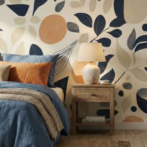 A zoomed-in of a terracotta accents in a cosy bedroom, styled with blue bedding, wood nightstand, and neutral decor.
