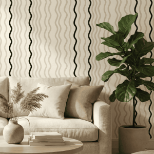 A zoomed-in Contemporary lounge space showcasing vertical wavy line wallpaper in beige tones, complemented by a cream sofa, ceramic vase, and indoor plant.