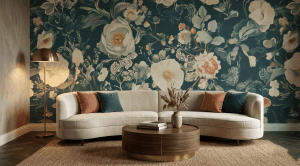Teal floral wall mural with heirloom-style cream blossoms and soft botanical detailing in an elegant living room setting
