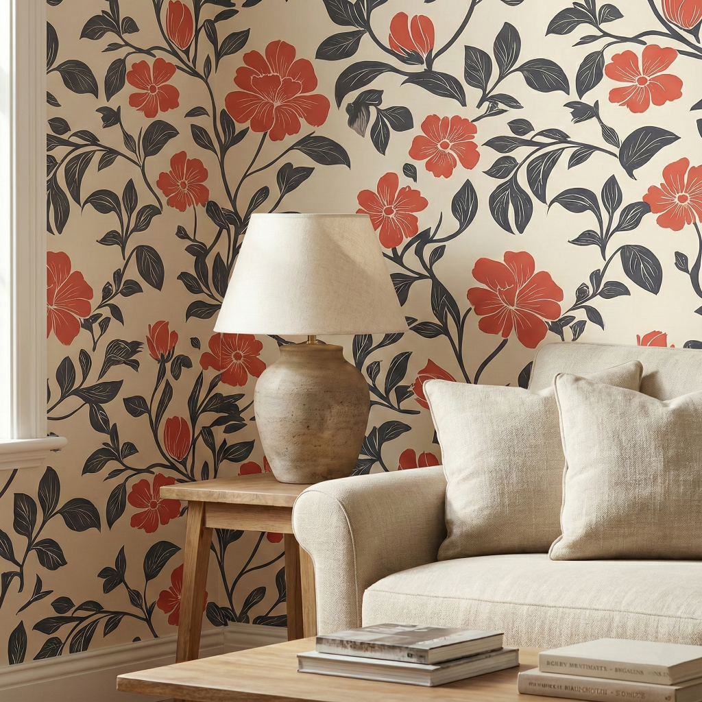 A zoomed-in of terracotta red flowers, charcoal vines, and soft cream botanical details on a warm neutral background