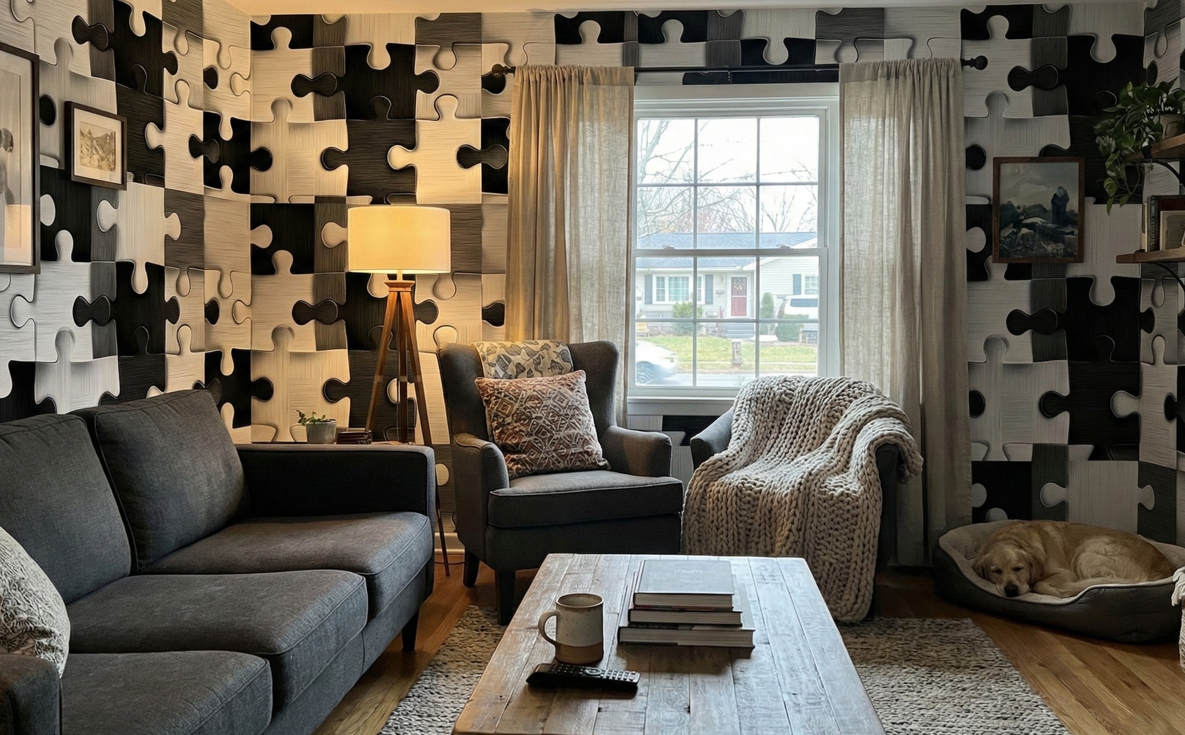 Unity Jigsaw Wallpaper 2 Wallpaper and Wall Murals South Africa Black and white abstract jigsaw wallpaper covering living room walls with grey sofa, armchairs, floor lamp, and neutral decor.