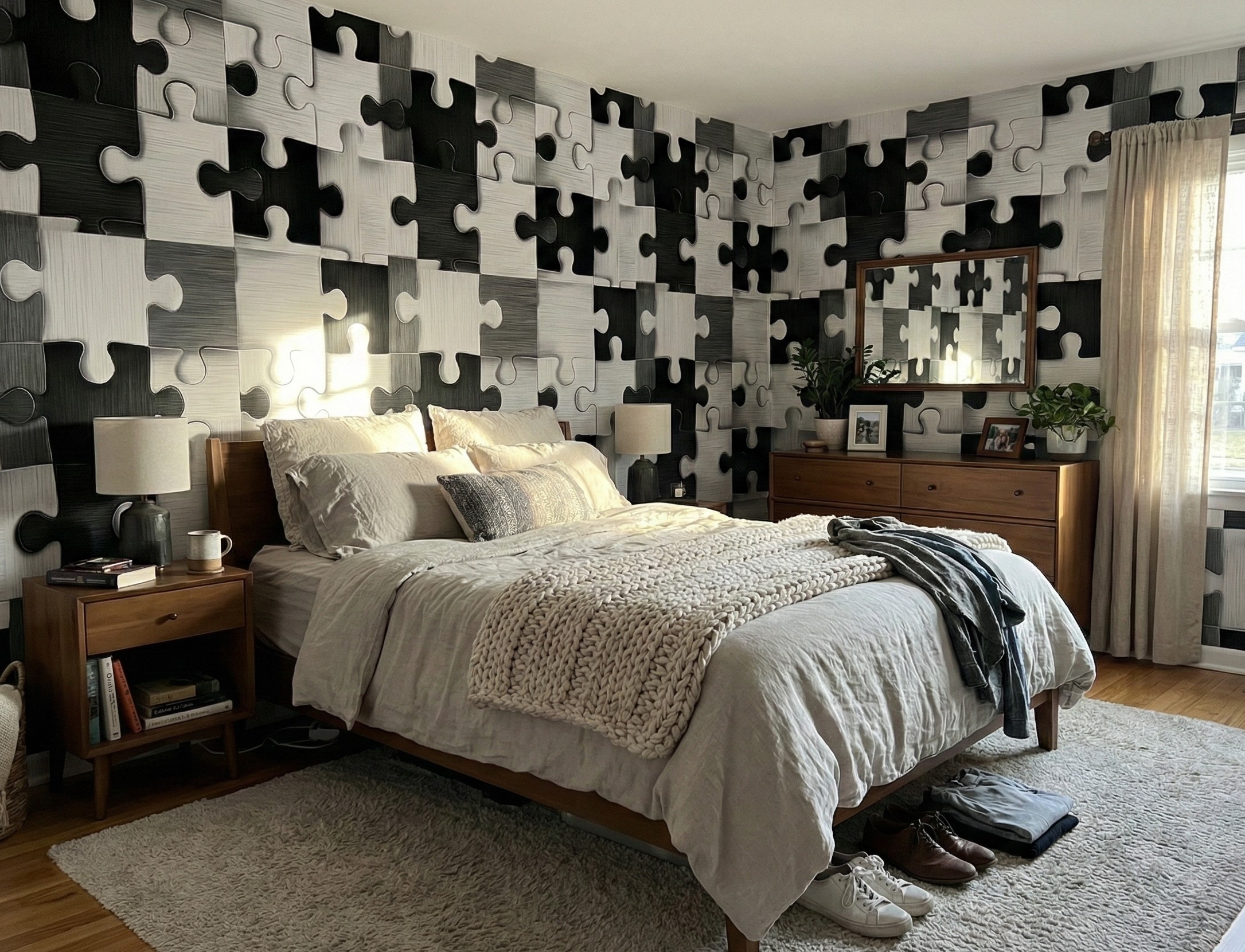 Unity Jigsaw Wallpaper 3 Wallpaper and Wall Murals South Africa Abstract black and white jigsaw puzzle wallpaper installed in a modern bedroom with a wooden bed, neutral bedding, and soft natural light.