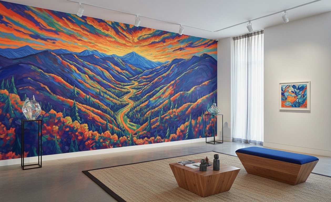 Alpine Prism Mural 3 Wallpaper and Wall Murals South Africa Alpine Prism mural installed in a gallery-like space, featuring a vivid mountain landscape with layered blue ridges, a winding valley path, and a radiant multicolour sky.