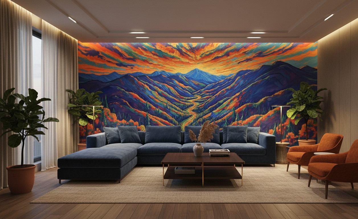 Alpine Prism Mural 2 Wallpaper and Wall Murals South Africa Alpine Prism mural displayed behind a sectional sofa in a modern living room, showing bold painted mountains, a winding river, and warm sunset colours.