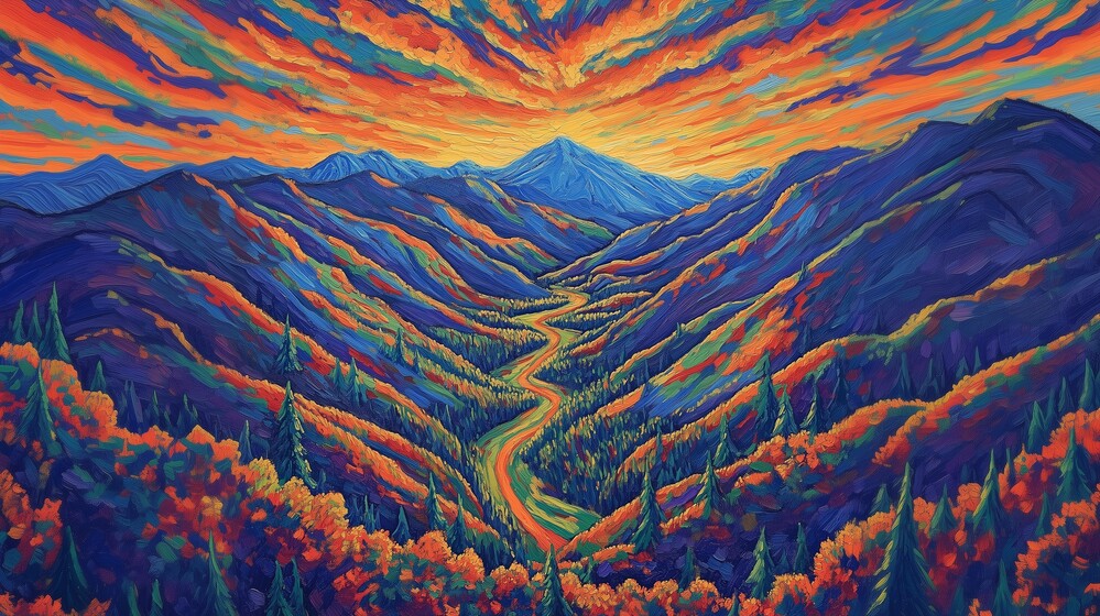 Alpine Prism Mural 4 Wallpaper and Wall Murals South Africa Close-up of Alpine Prism mural artwork depicting textured brushstrokes, colourful mountain slopes, evergreen trees, and a winding path through the valley.