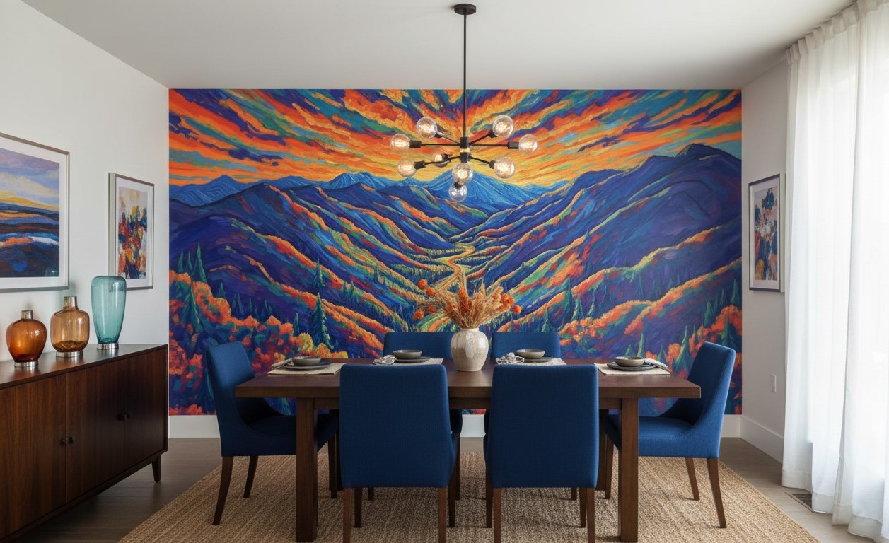 Alpine Prism Mural 1 Wallpaper and Wall Murals South Africa Alpine Prism mural covering a dining room feature wall with vibrant mountains and sunset sky, paired with a wood table and blue upholstered chairs.