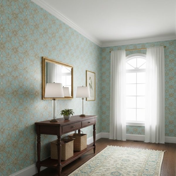 Elegant entryway styled with blue and gold trellis wallpaper, console table, framed artwork, and sheer white curtains.