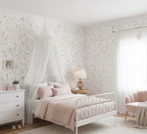 Dillon Warren Wallpaper Expert 6 Wallpaper and Wall Murals South Africa Delicate blush floral wallpaper in a bright bedroom with a white metal bed, sheer canopy, soft pink bedding, and cozy neutral decor.