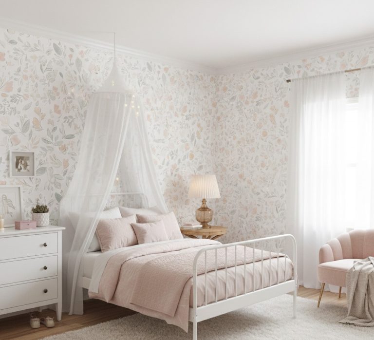 Delicate blush floral wallpaper in a bright bedroom with a white metal bed, sheer canopy, soft pink bedding, and cozy neutral decor.