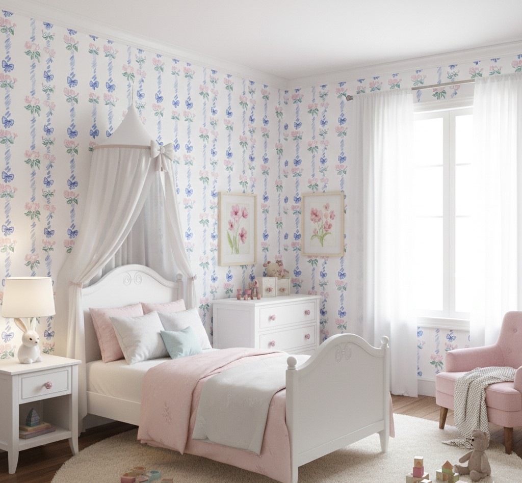 Coquette Ribbon & Rose Wallpaper 2 Wallpaper and Wall Murals South Africa Soft pastel nursery bedroom featuring ribbon and rose wallpaper with a white bed, sheer canopy, blush bedding, and gentle natural light.