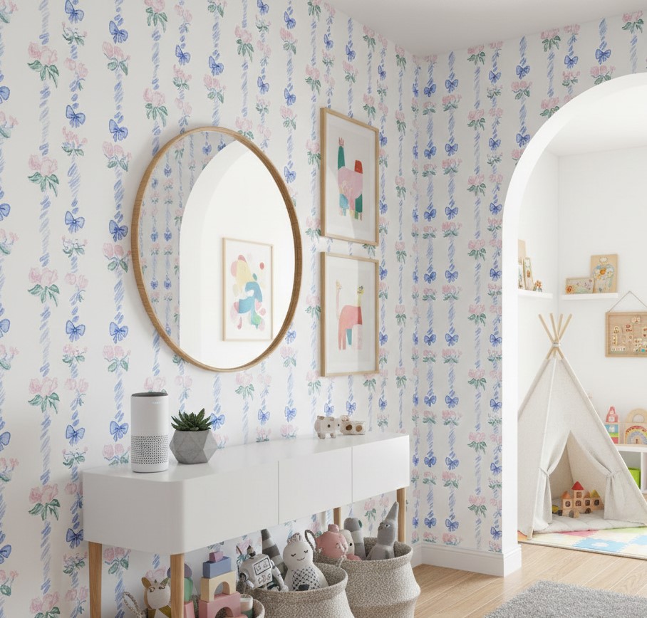 Coquette Ribbon & Rose Wallpaper 1 Wallpaper and Wall Murals South Africa Light-filled playroom styled with pastel ribbon and rose wallpaper, white storage console, round mirror, and soft toy baskets.