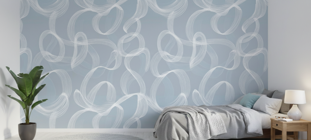 Soft blue abstract wallpaper with flowing white brushstroke loops