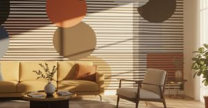 Abstract geo stripe mural pattern with bold circular shapes layered over fine black horizontal stripes in rust, blue, cream, and black.