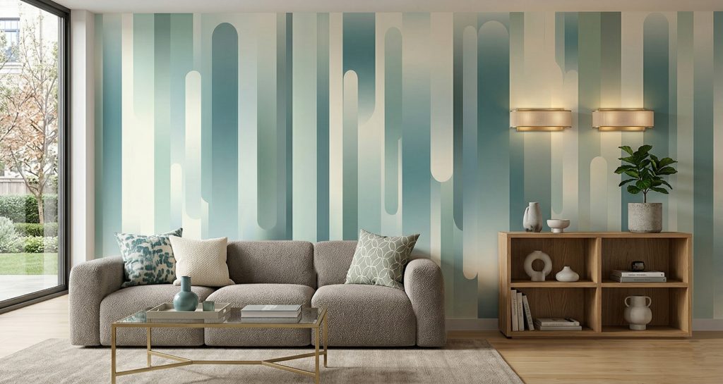 Glacial Stream mural in teal and cream behind a modern sofa.