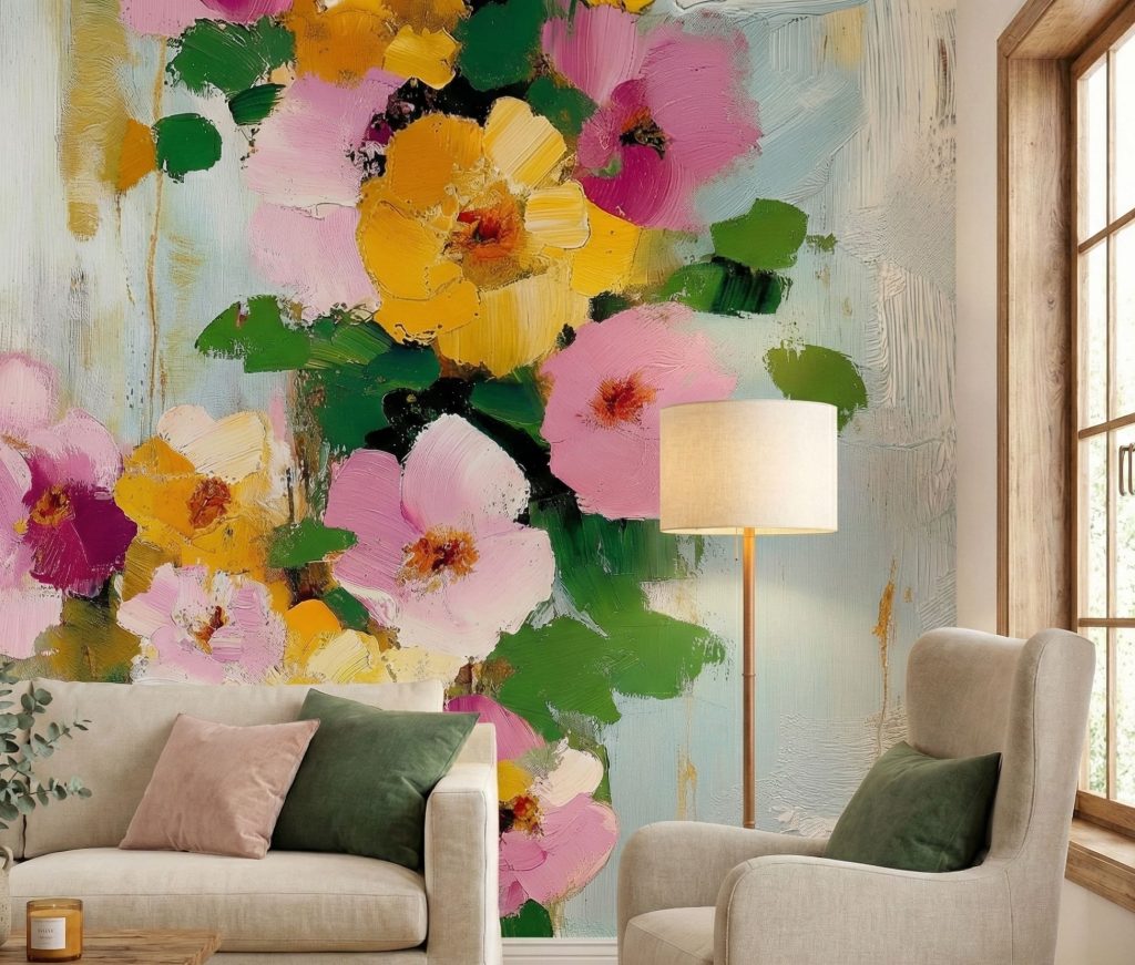 A zoomed-in of a golden Blush floral mural with expressive pink and yellow flowers painted in bold brushstrokes, styled behind a neutral sofa in a modern living room