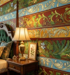 zoomed-in of a rich earthy color, hand-painted botanical details, and a classic vintage atmosphere in a bedroom