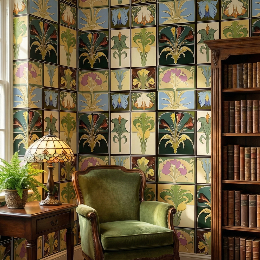 Classic reading nook styled with Art Nouveau garden tile wallpaper, featuring hand-illustrated florals, a velvet armchair, and warm wood accents.
