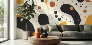 A zoomed-in of a terrazzo-style mural with irregular forms and dotted texture