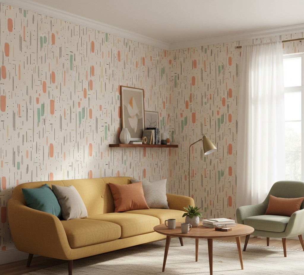 Pastel Rhythm Abstract Wallpaper 2 Wallpaper and Wall Murals South Africa Modern living room styled with pastel abstract wallpaper, mustard sofa, soft accent cushions, and warm natural light.