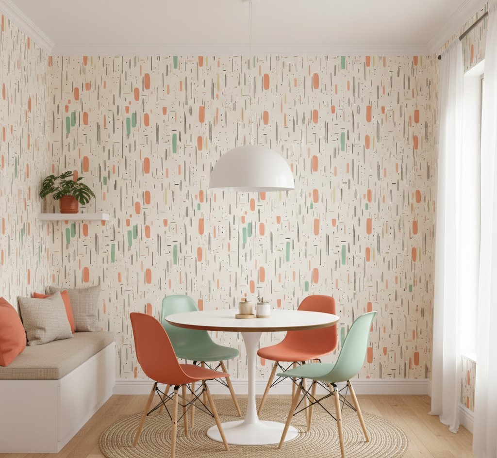 Pastel Rhythm Abstract Wallpaper 1 Wallpaper and Wall Murals South Africa Bright dining area featuring pastel abstract wallpaper, round white table, mixed pastel chairs, and a minimalist pendant light.