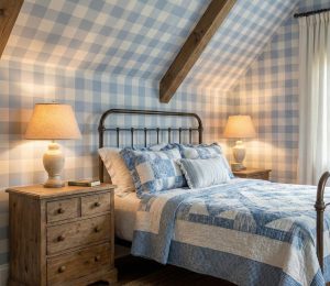 Powder blue and white gingham wallpaper covering bedroom walls with vaulted ceiling, wooden beams, and soft neutral decor.