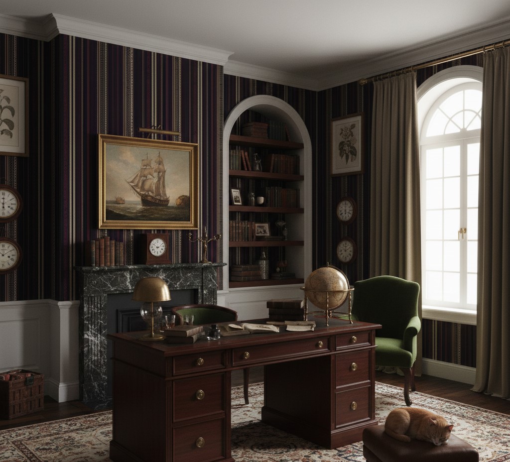 Regal Crimson Stripe Wallpaper 2 Wallpaper and Wall Murals South Africa Traditional study featuring deep crimson and gold striped wallpaper, antique wooden desk, marble fireplace, and classic artwork.