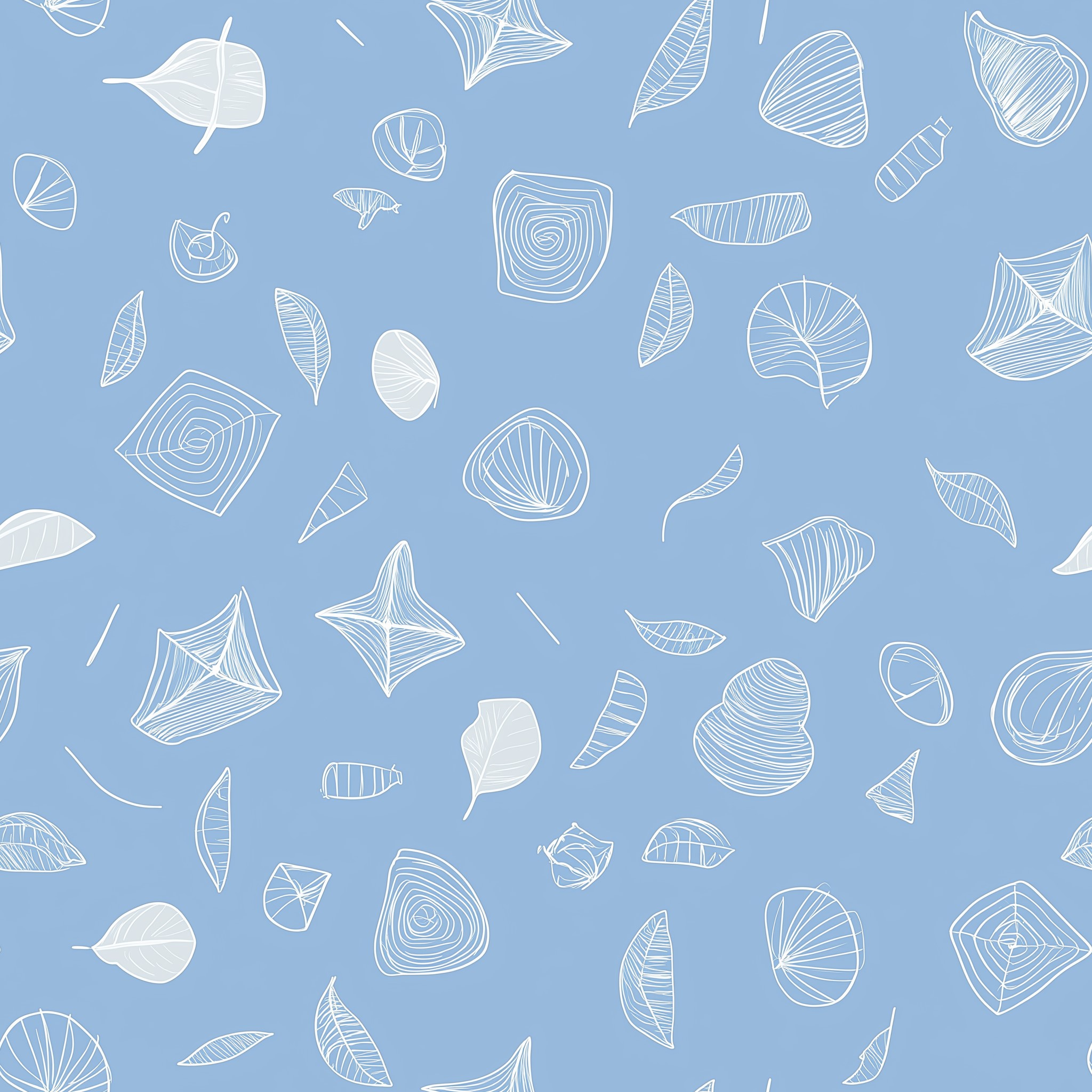 Russet Leaf Scroll Wallpaper 3 Wallpaper and Wall Murals South Africa Soft blue wallpaper with hand-drawn white leaf and shell-like line illustrations scattered across a matte background.