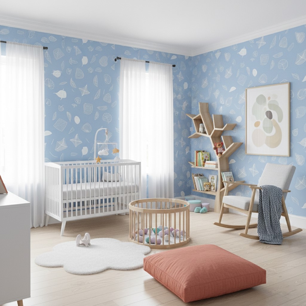 Russet Leaf Scroll Wallpaper 2 Wallpaper and Wall Murals South Africa Bright nursery styled with soft blue leaf sketch wallpaper, white crib, light wood furniture, and neutral textiles.