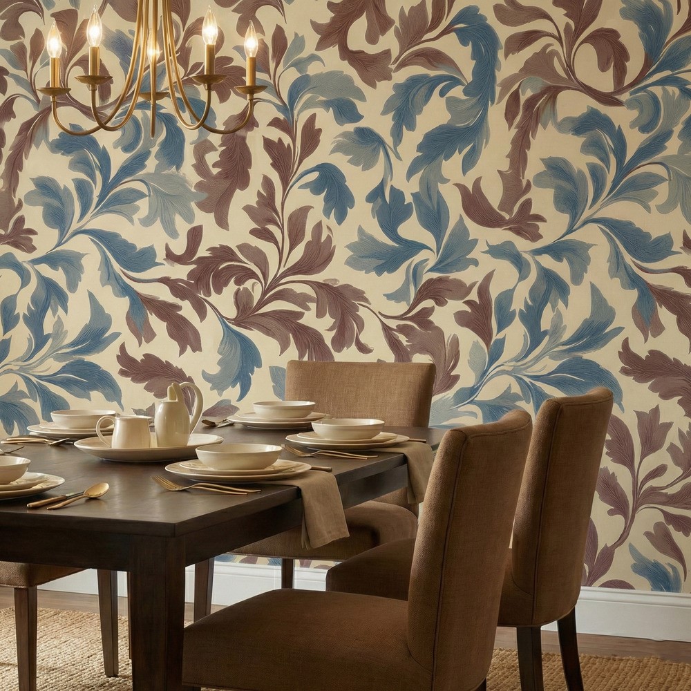 A zoomed-in of a elegant blue and russet scroll wallpaper in a traditional dining room with wooden table, upholstered chairs, and brass chandelier