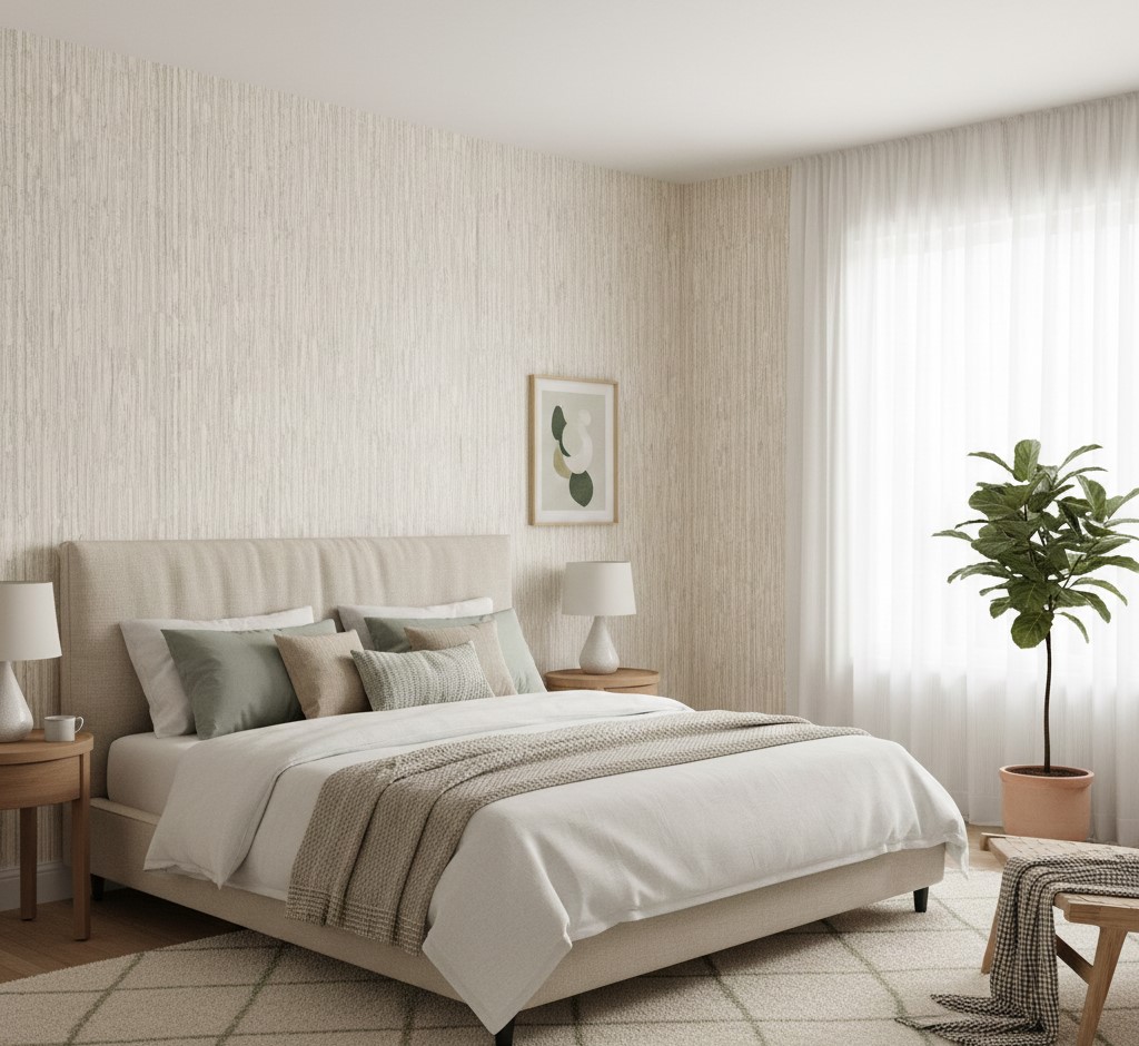 Sage Bamboo Texture Wallpaper 2 Wallpaper and Wall Murals South Africa Serene bedroom featuring sage bamboo texture wallpaper, upholstered bed, soft neutral bedding, and natural wood accents.