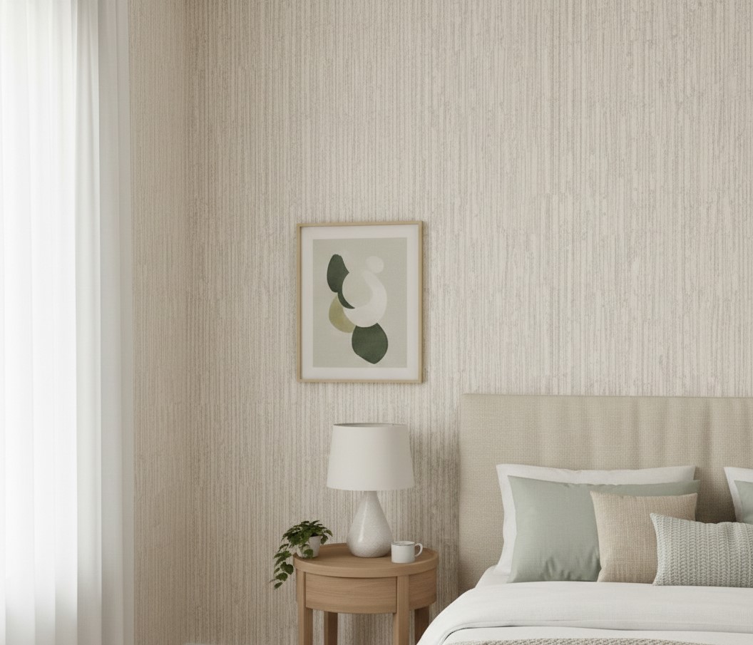 Sage Bamboo Texture Wallpaper 1 Wallpaper and Wall Murals South Africa Minimal bedroom vignette with sage bamboo texture wallpaper, light wood nightstand, ceramic lamp, and abstract wall art.