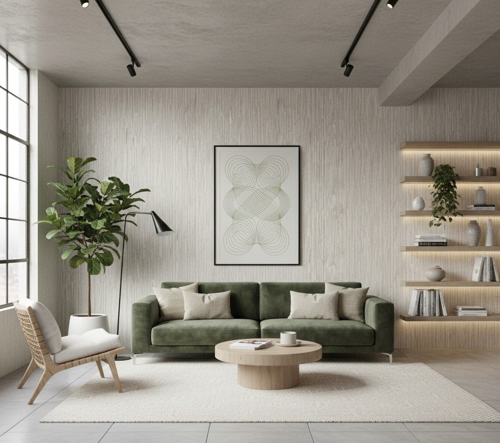 Sage Bamboo Texture Wallpaper 4 Wallpaper and Wall Murals South Africa Modern living room showcasing sage bamboo texture wallpaper, green sofa, floating wood shelves, and layered neutral decor.