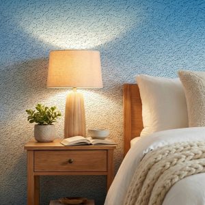 A zoomed-in of a sapphire ombre wallpaper in a bedroom with bedside table, lamp, and neutral linens.
