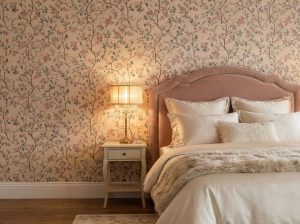A zoomed-in of romantic bedroom styled with vintage floral wallpaper, showcasing climbing branches, pastel blooms, and a light-filled classic interior.