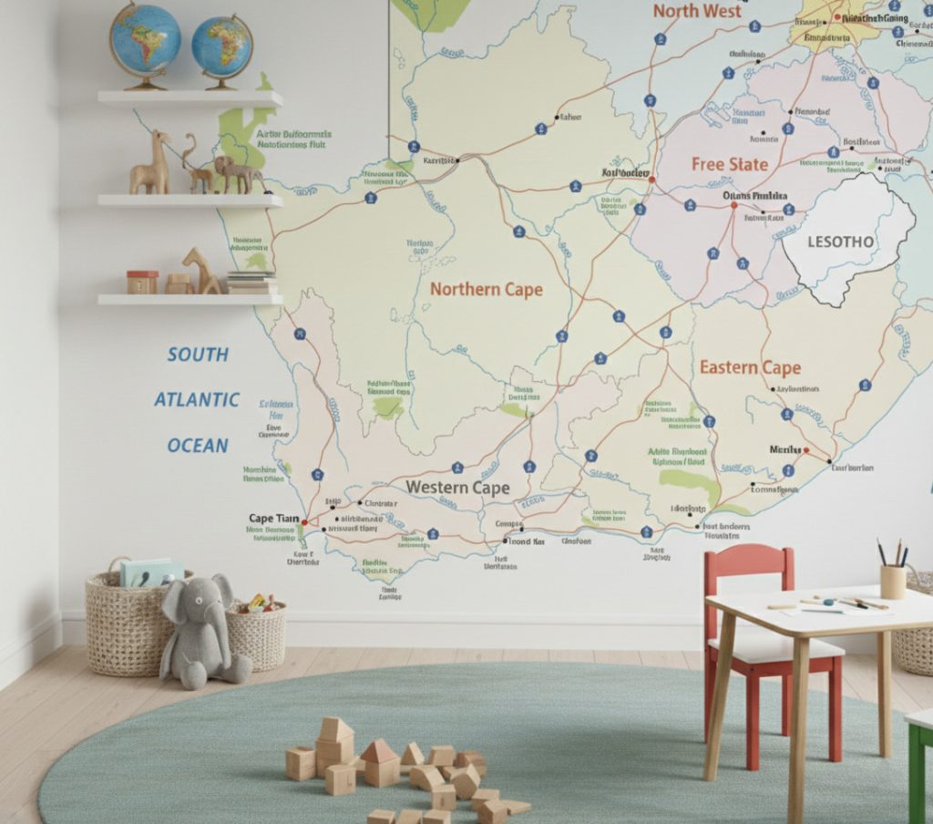 A zoomed-in view of South Africa map mural behind a modern sofa with floating shelves and styled accessories.