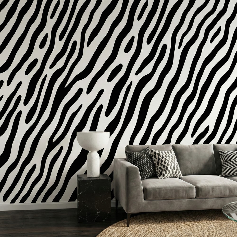 A zoomed-in of zebra wave wallpaper behind a grey sofa in a modern minimalist living room.