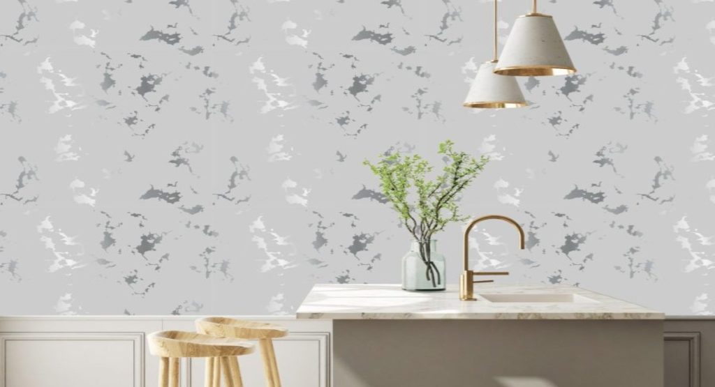 Transform Your Walls with Marble Wallpaper: A Guide to Stone Effect Murals 1 Wallpaper and Wall Murals South Africa Silver Simplicity Wallpaper in a kitchen setting