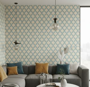 Chambray chain link wallpaper covering a contemporary living room with sectional sofa, round marble coffee table, and upholstered lounge chairs