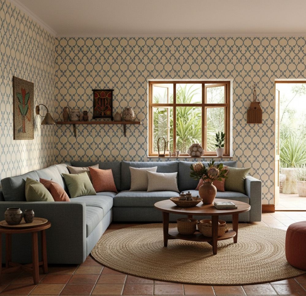 Chambray Ogee Trellis Wallpaper 3 Wallpaper and Wall Murals South Africa Chambray blue ogee trellis wallpaper in a cozy living room with sectional sofa, round jute rug, wooden coffee table, and natural light