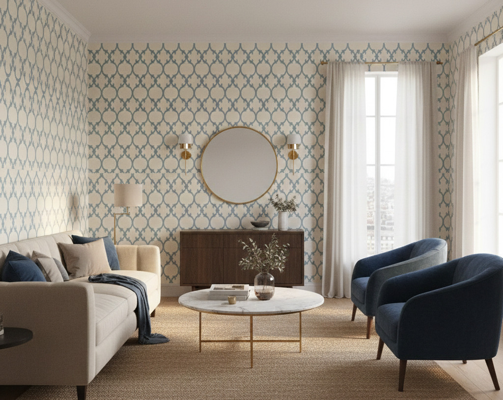 Chambray Ogee Trellis Wallpaper 2 Wallpaper and Wall Murals South Africa Chambray ogee trellis wallpaper behind a wooden console table with round brass mirror and modern wall sconces