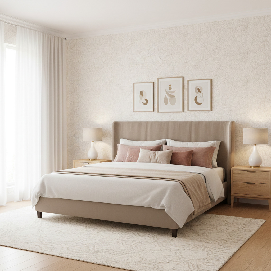 Cream Peony Contour Wallpaper 3 Wallpaper and Wall Murals South Africa Cream Peony Contour wallpaper styled bedroom view featuring subtle floral contour pattern on warm cream walls