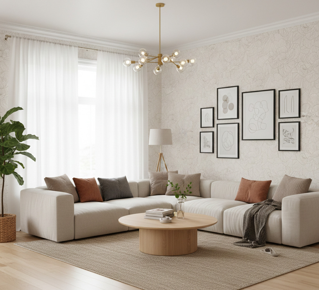 Cream Peony Contour Wallpaper 2 Wallpaper and Wall Murals South Africa Cream Peony Contour wallpaper living room installation highlighting delicate floral linework on a soft cream background