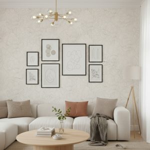 A zoomed-in of Cream Peony Contour wallpaper living room installation highlighting delicate floral linework on a soft cream background