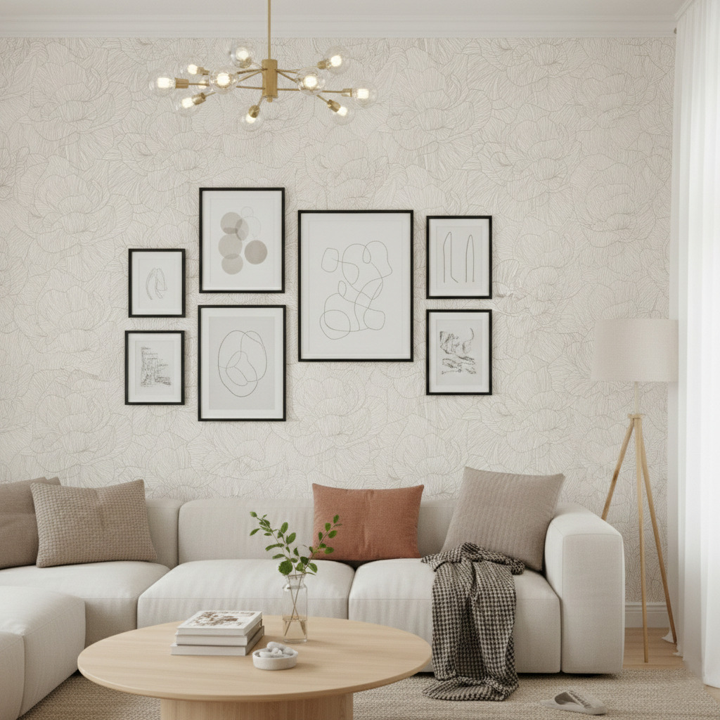 Cream Peony Contour Wallpaper 1 Wallpaper and Wall Murals South Africa A zoomed-in of Cream Peony Contour wallpaper living room installation highlighting delicate floral linework on a soft cream background