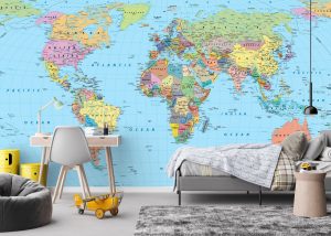 Classic Blue Atlas World Map - This Classic Blue Atlas World Map Mural brings timeless cartographic elegance to any space