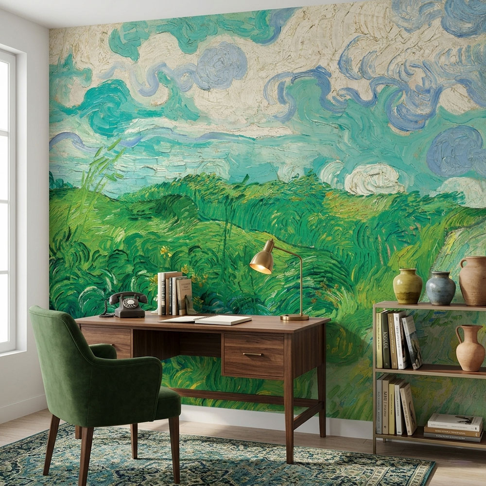 Auvers Mural, fine art wallpaper, post-impressionist, Van Gogh style, oil painting mural, swirling clouds, green field, impasto texture, blue and green, classic art, landscape mural, dramatic brushstrokes.