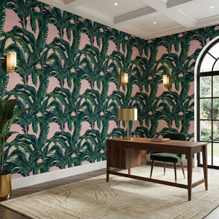 Blush tropical banana leaf wallpaper styled in a home office with dark wood desk, green chair, and arched window.