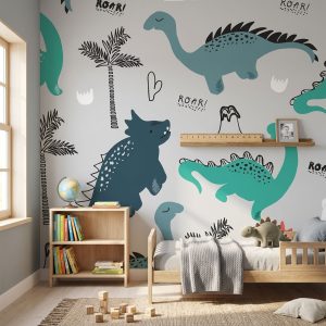 Dino Love children's wall mural with colourful cartoon dinosaurs in teal, navy and coral across a nursery — Wallpaper Online South Africa