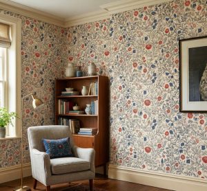 Classic botanical wallpaper with red and blue flowers styled in a warm living room with armchair and bookcase.