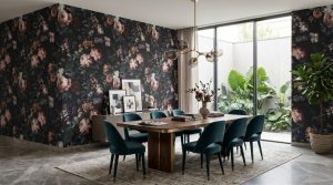 Noir Bloom Garden wallpaper styled in a luxurious dark bathroom with dramatic floral wallpaper and brass accents